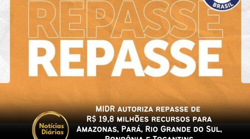 O Ministério da Integração e do Desenvolvimento Regional (MIDR), por meio da Defesa Civil Nacional, autorizou, nesta segunda-feira (14), o repasse de R$ 19,8 milhões para ações de resposta e recuperação em localidades atingidas por desastres.