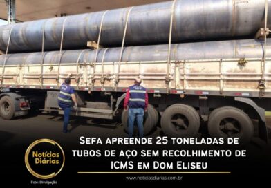 Fiscalização da Secretaria de Estado da Fazenda (Sefa) realizada por servidores lotados na Coordenação de controle de mercadorias em trânsito do Itinga, no município de Dom Eliseu, nordeste paraense, na segunda-feira (18), apreendeu 25 toneladas de tubos de aço carbono.