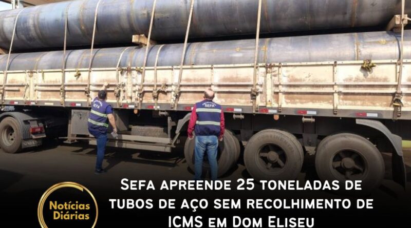 Fiscalização da Secretaria de Estado da Fazenda (Sefa) realizada por servidores lotados na Coordenação de controle de mercadorias em trânsito do Itinga, no município de Dom Eliseu, nordeste paraense, na segunda-feira (18), apreendeu 25 toneladas de tubos de aço carbono.