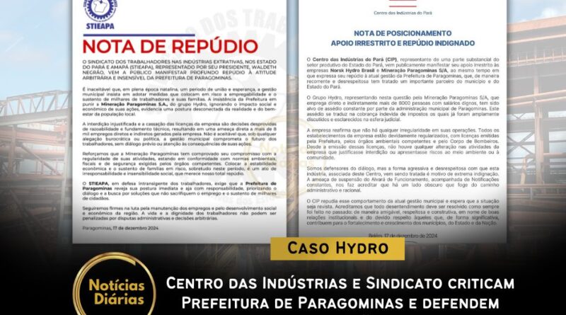 STIEAPA (Sindicato dos Trabalhadores nas Indústrias Extrativas nos Estados do Pará e Amapá) e CIP (Centro das Indústrias do Pará) emitiram notas públicas criticando a conduta da Prefeitura de Paragominas em relação às medidas adotadas contra a Mineração Paragominas S.A., do grupo Hydro.