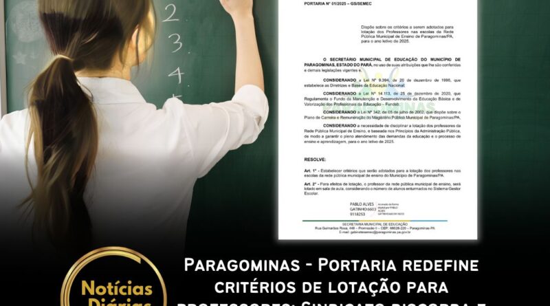 Em 21 de fevereiro de 2025, a Secretaria Municipal de Educação de Paragominas (SEMEC) publicou a Portaria nº 01/2025, estabelecendo novos critérios para a lotação de professores na rede pública municipal para o ano letivo de 2025.