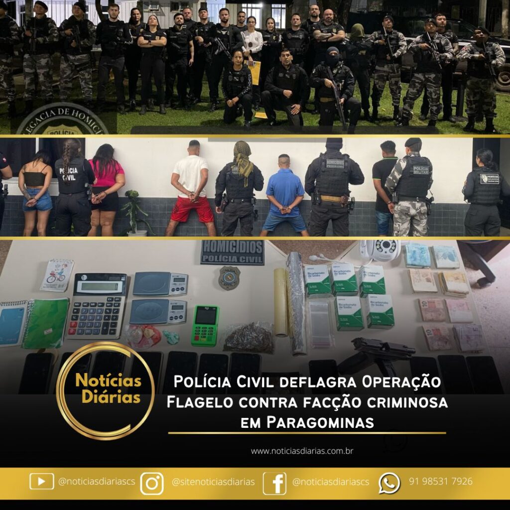 Na manhã desta terça-feira (25), a Polícia Civil deflagrou a Operação Flagelo em Paragominas, cumprindo dois mandados de prisão preventiva e quatro de busca e apreensão. A ação resultou na apreensão de drogas, armas, dinheiro e materiais ligados ao tráfico, além da prisão em flagrante de quatro suspeitos. Entre os itens apreendidos estavam uma pistola calibre .40, munições, celulares, balança de precisão, dinheiro e cadernos de contabilidade do tráfico.