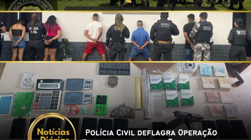 Na manhã desta terça-feira (25), a Polícia Civil deflagrou a Operação Flagelo em Paragominas, cumprindo dois mandados de prisão preventiva e quatro de busca e apreensão. A ação resultou na apreensão de drogas, armas, dinheiro e materiais ligados ao tráfico, além da prisão em flagrante de quatro suspeitos. Entre os itens apreendidos estavam uma pistola calibre .40, munições, celulares, balança de precisão, dinheiro e cadernos de contabilidade do tráfico.